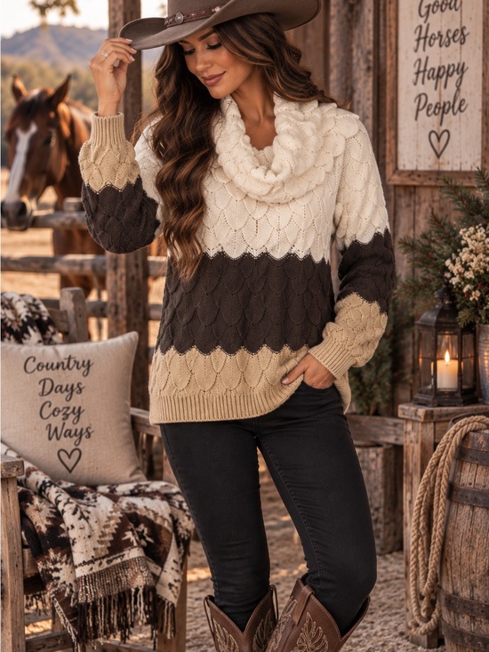 easel Sweaters - ✨Easel✨Colorblock Cable Cowl Sweater - Scalloped Feather Design